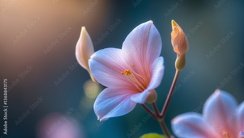 Fototapeta premium Delicate pink flower with buds, focused close-up, soft light & blurred background