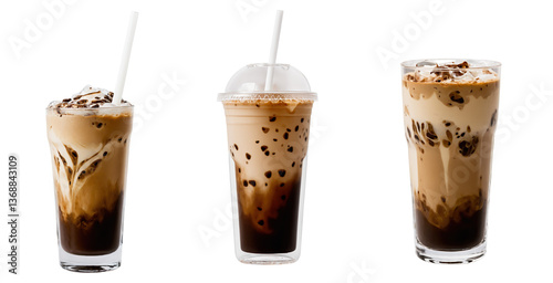 Iced brown sugar Boba milk tea in tall glasses, filled with ice cubes, with a rich brown coffee swirl blending into creamy milk. Isolated transparent background