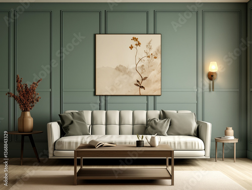 Living room interior with teal tone board and batten wood wall panelling and teal and bronze color interior accents. Sofa with pillows and large artwork on the wall