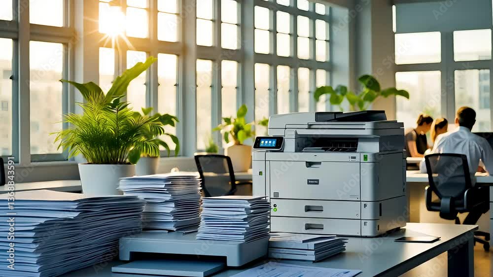 Busy modern office with paper stacks and copier bathed in warm morning light