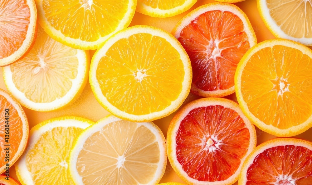 A bright and cheerful display of citrus slices featuring lemons, oranges, and blood oranges. A bright and cheerful display of citrus slices featuring lemons, oranges, and blood oranges.