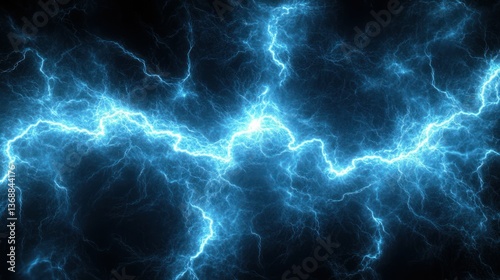 Dramatic blue lightning strikes against a dark background. High voltage energy.