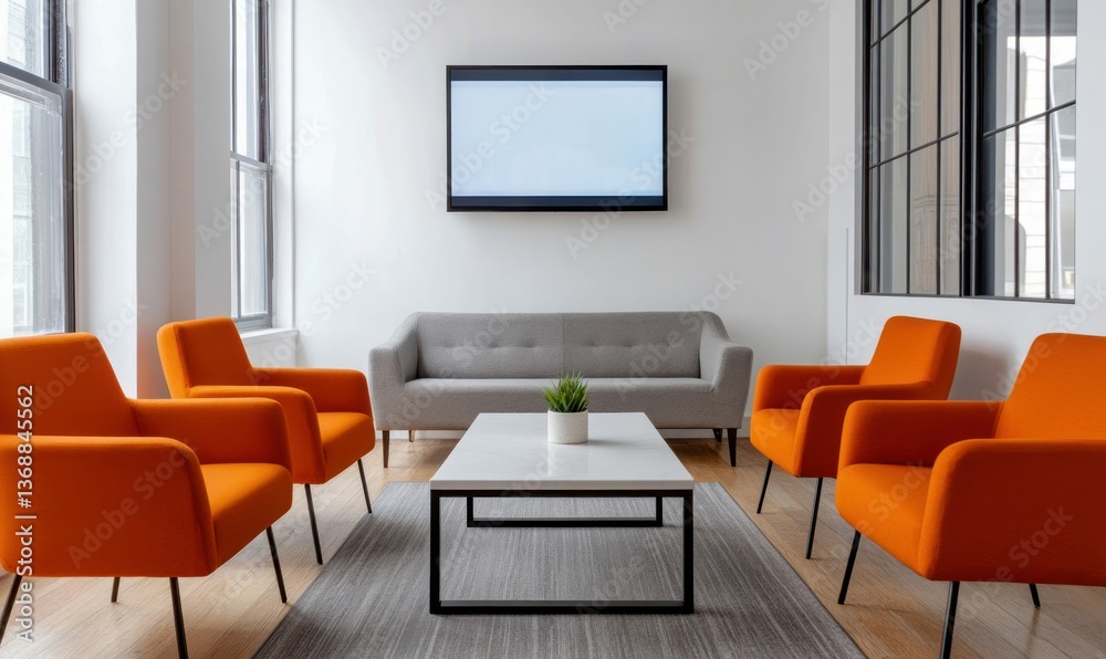 Fototapeta premium Modern waiting area showcases orange chairs and gray sofa creating a welcoming and professional atmosphere.