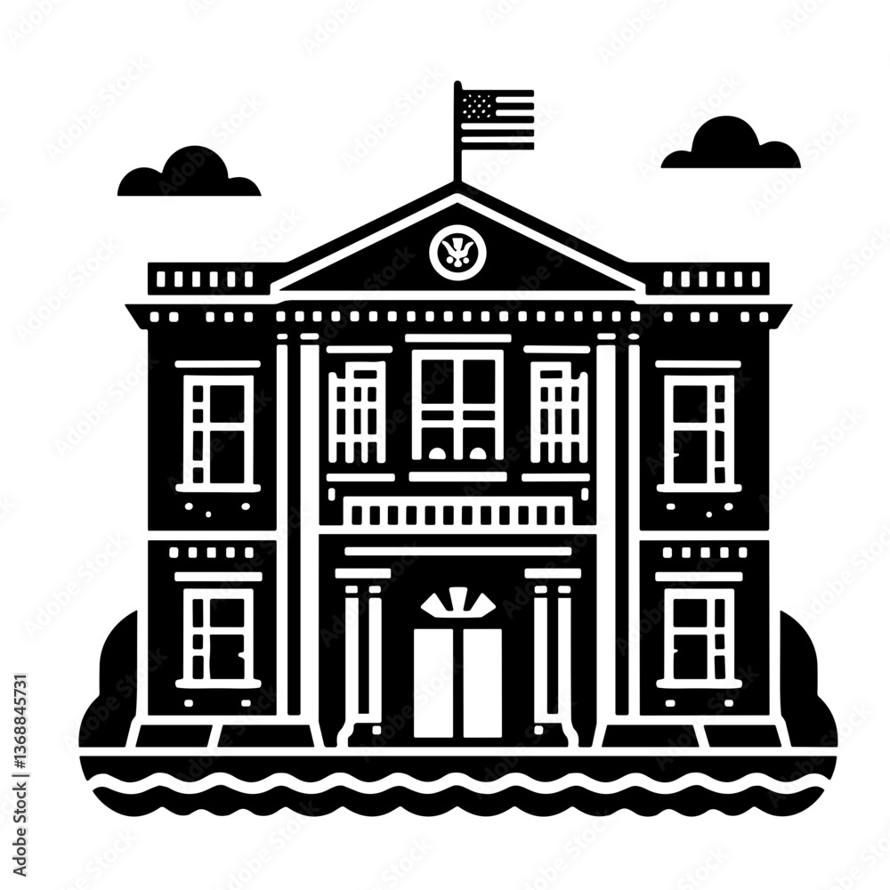 Fototapeta premium Vector illustration of a government building with an American flag for civic and patriotic concepts, transparent background