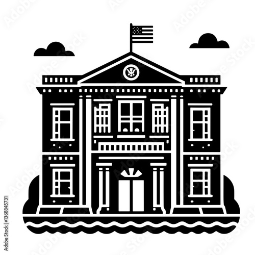 Vector illustration of a government building with an American flag for civic and patriotic concepts, transparent background