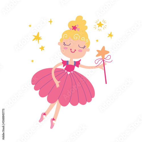 Cute fairy With magic wands. Pretty little Girl On A Pink Dress In Flight. Vector illustration on a white background.