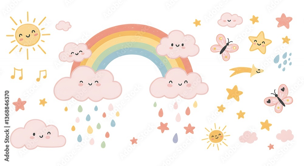 Adorable Rainbow, Clouds, Stars, and Butterflies: A Whimsical Children's Illustration Adorable Rainbow, Clouds, Stars, and Butterflies: A Whimsical Children's Illustration