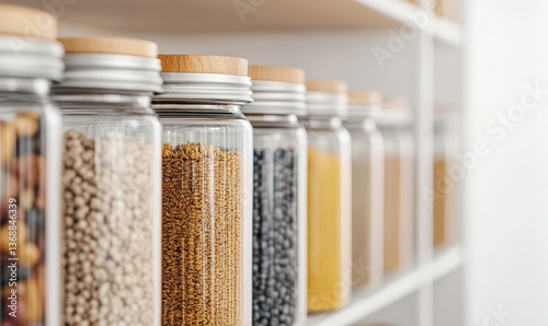 Neatly arranged glass jars with natural wooden lids store dry food ingredients on pantry shelves.