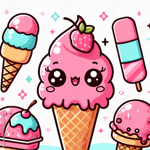A cartoon drawing of a pink ice cream cone with a cherry on top