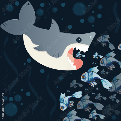 vector illustration of a shark and fishes