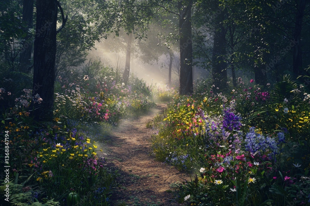 Fototapeta premium Serene forest path with sunbeams and wildflowers