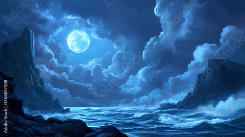 Mysterious moonlit landscape with cliffs and turbulent sea under dark clouds. Moonlit Essence. Illustration