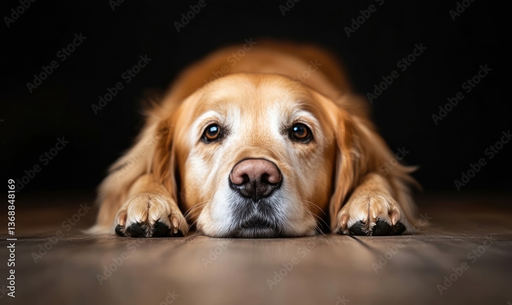 A beautiful golden retriever is resting on the floor and looking at the camera with sweet eyes. A beautiful golden retriever is resting on the floor and looking at the camera with sweet eyes.
