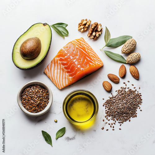 flat lay composition of various healthy fat sources—avocado slices, salmon fillet, nut, seeds, small dish of olive oil, and flaxseed arranged on white marble surface, elegant and balanced food styling