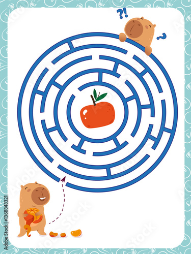 Labyrinth. Maze game for children. Help cute capybara get to tangerine. Preschool education. Kids book page
