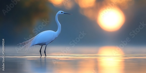 White egret at sunset reflecting in calm water.
