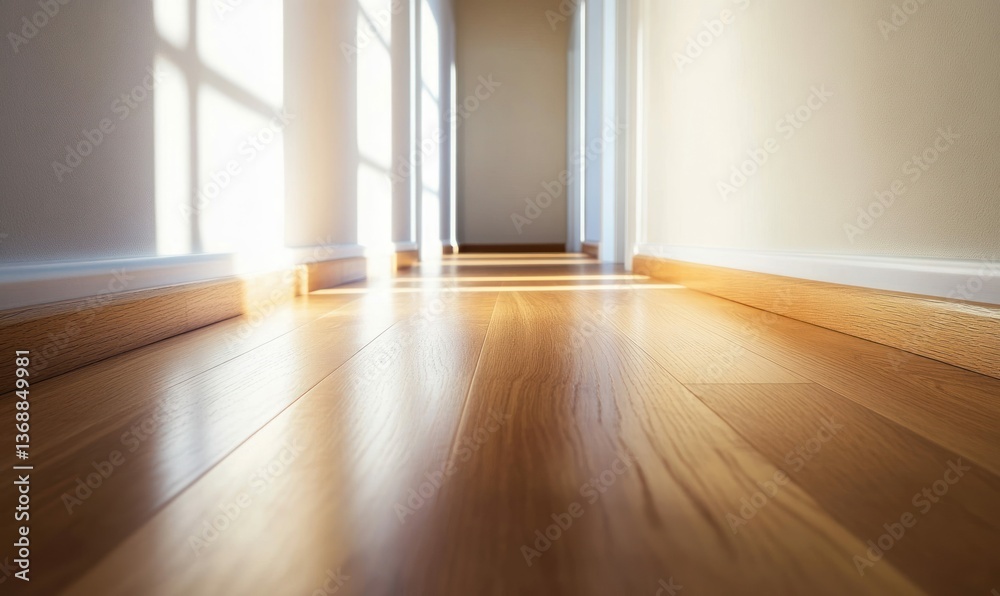 Obraz premium Sunlight illuminates the polished hardwood floor in a bright, modern hallway, creating a clean and inviting space.