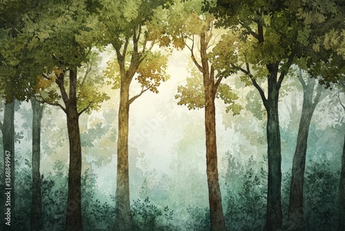 Serene watercolor forest with tall trees and misty light