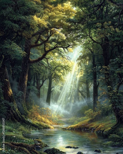 Serene woodland stream with sunlight filtering through lush green forest canopy