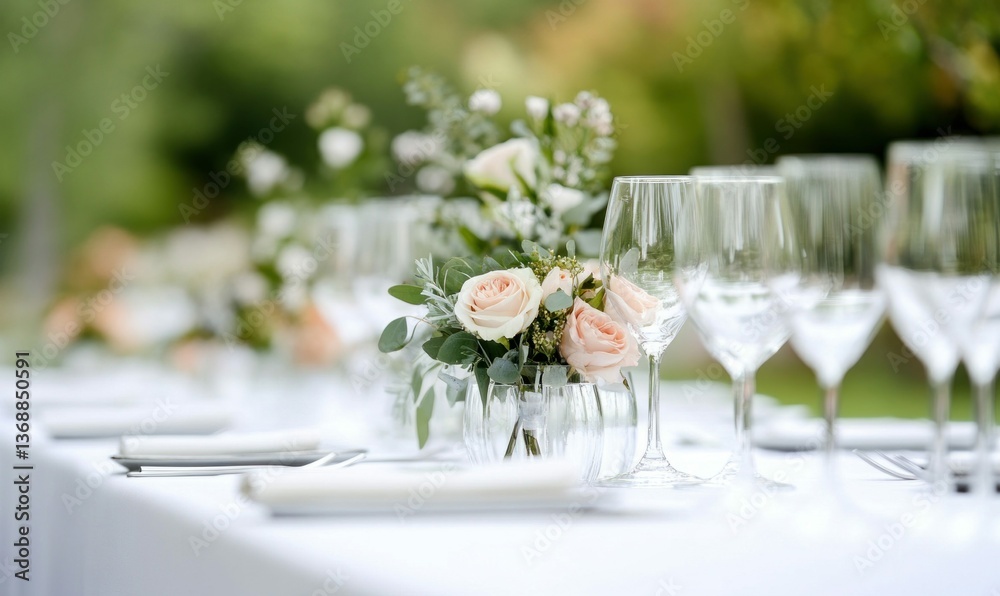 A beautifully decorated wedding table with elegant floral arrangements and sparkling glasses. A beautifully decorated wedding table with elegant floral arrangements and sparkling glasses.