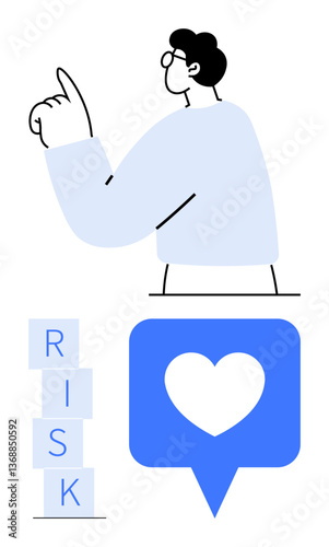 Individual raising a finger next to stacked RISK blocks and a heart in a blue speech bubble. Ideal for decision-making, emotional balance, risk analysis, responsibility, guidance, relationships