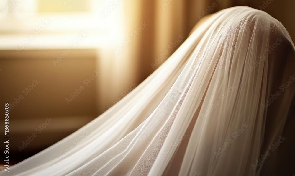 A white cloth is draped over a person in a sunlit room, creating a sense of mystery. A white cloth is draped over a person in a sunlit room, creating a sense of mystery.