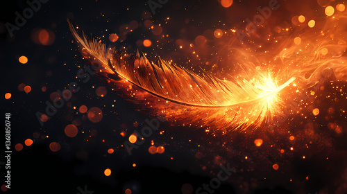 A glowing ember feather floats gently on a dark, mysterious background with subtle starlight effects , spark, dark, spark. Subtle Embers. Illustration