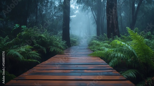 Misty Forest Path: A Wooden Walkway Through Lush Ferns and Fog photo