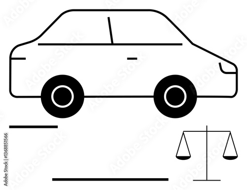 Simple car design with justice scale implies law, fairness, responsibility in mobility. Ideal for legal matters, regulation, safety, justice, ethics transportation motor insurance. Flat simple