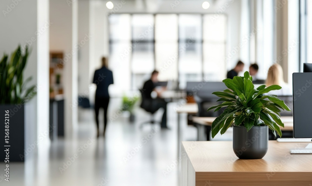 Bright and modern office space fosters collaboration, featuring a healthy plant on a wooden desk. Bright and modern office space fosters collaboration, featuring a healthy plant on a wooden desk.
