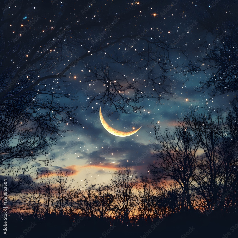 Naklejka premium Crescent moon over starry forest at twilight