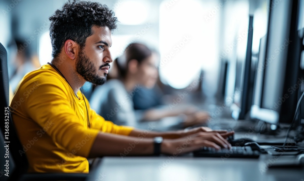Young professional is intensely working on his computer in a modern, collaborative office environment. Young professional is intensely working on his computer in a modern, collaborative office environment.