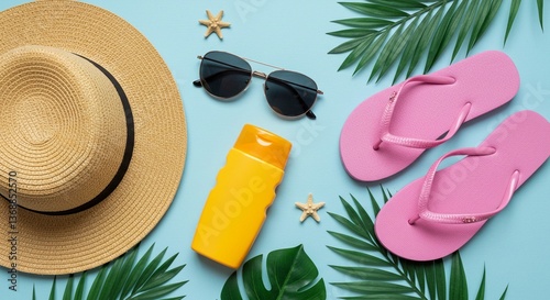 Flat lay of summer beach essentials with straw hat, sunglasses, sunscreen bottle, pink flip flops, starfish and tropical leaves on blue background, vacation and travel concept.