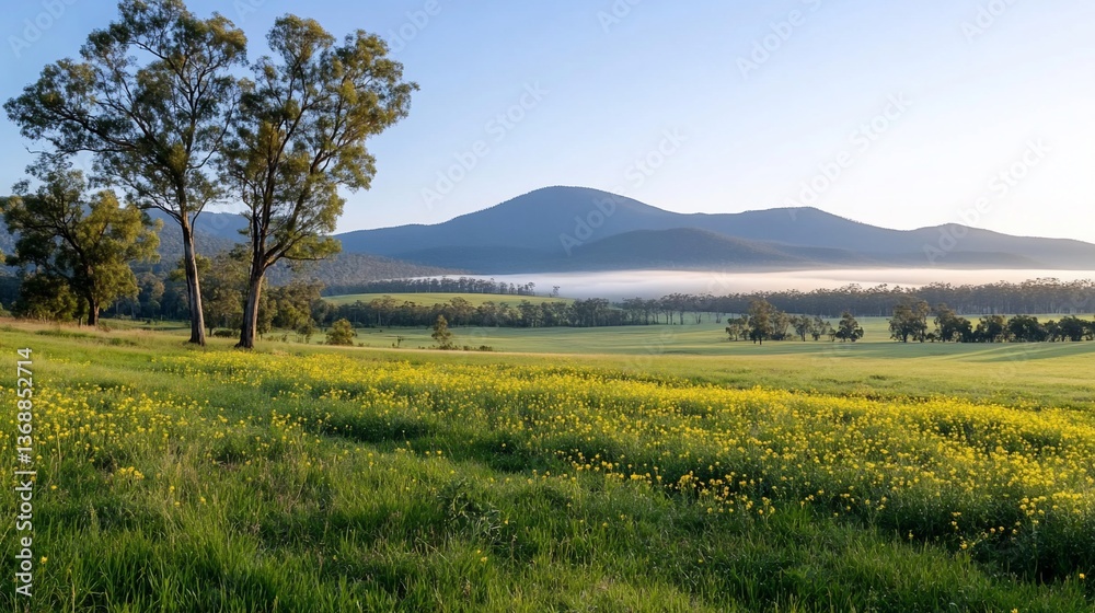 Fototapeta premium Yellow wildflowers bloom in lush field, mountains misty in background