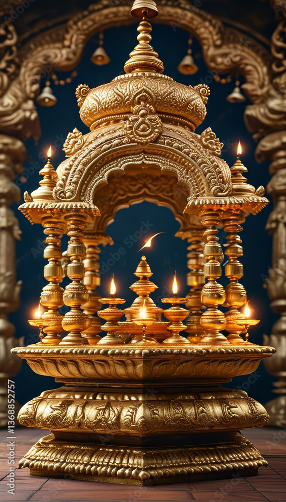 Fototapeta premium Navaratri product display background podium, Shakti Mandap, golden intricate carvings, grand temple mandap decorated with bells, marigold garlands, oil lamps, divine yantra pattern, Goddess Durga, ad