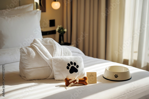 Pet-friendly hotel room amenities for dogs on a cozy bed  
