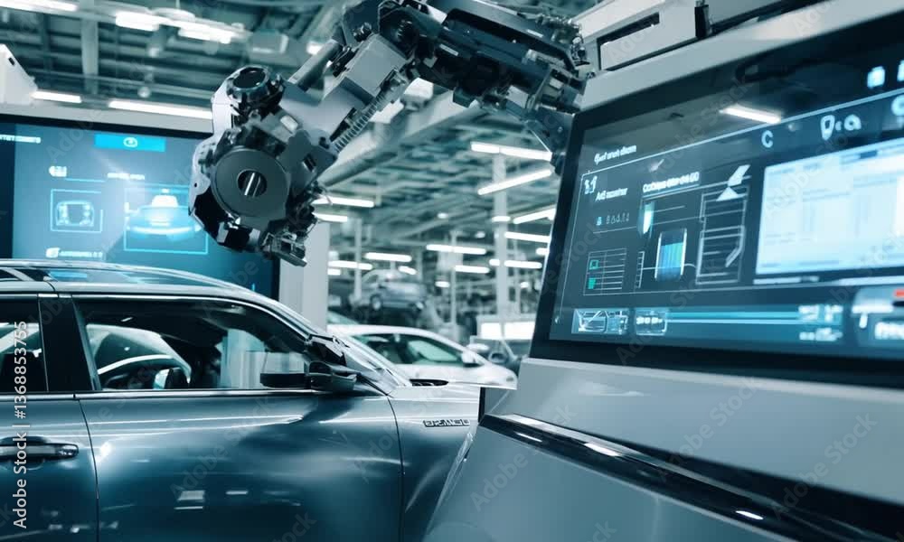 Automated Car Manufacturing: Robotic Arm & Digital Control Panel Automated Car Manufacturing: Robotic Arm & Digital Control Panel