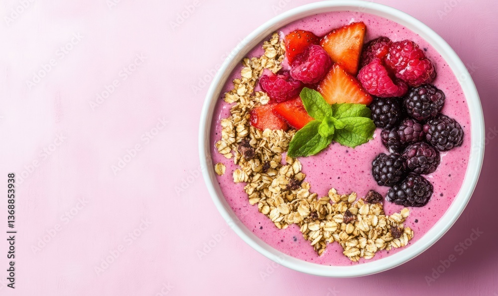 A colorful smoothie bowl with fresh raspberries, strawberries, blackberries, and granola sits on a pink background. A colorful smoothie bowl with fresh raspberries, strawberries, blackberries, and granola sits on a pink background.