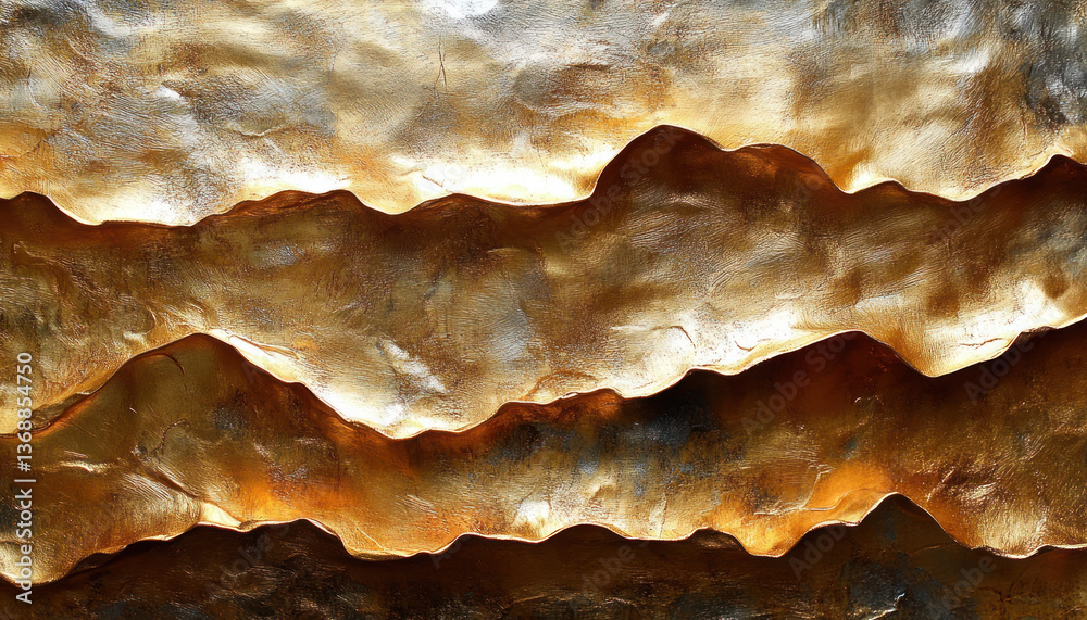 Fototapeta premium A textured, layered landscape unfolds, resembling a metallic mountain range rendered in gold and silver.