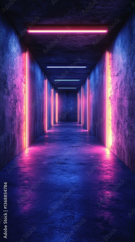 Bright neon-lit corridor with vibrant blue and pink lights creating a dramatic ambiance in a modern space Bright neon-lit corridor with vibrant blue and pink lights creating a dramatic ambiance in a modern space