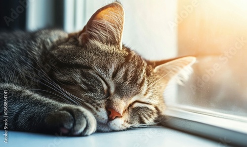Wallpaper Mural A tabby cat is sweetly sleeping on a windowsill bathed in warm, gentle sunlight creating a cozy scene. Torontodigital.ca
