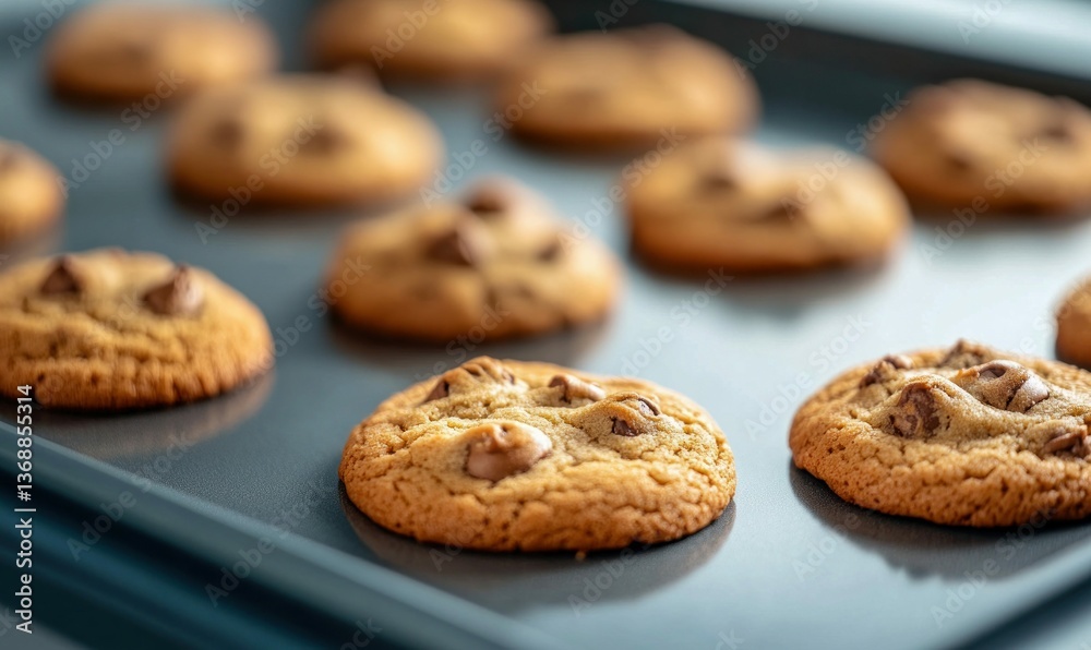 Warm, golden chocolate chip cookies cooling on a tray after being baked in the oven. Warm, golden chocolate chip cookies cooling on a tray after being baked in the oven.