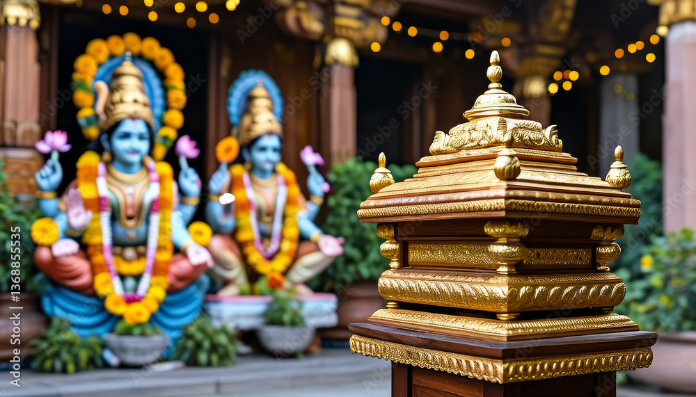 Diwali product display podium background, Temple of Prosperity, wooden, gold leaf detailing, traditional Indian temple courtyard, Goddess Lakshmi and Lord Ganesha, marigold garlands, lotus flowers Diwali product display podium background, Temple of Prosperity, wooden, gold leaf detailing, traditional Indian temple courtyard, Goddess Lakshmi and Lord Ganesha, marigold garlands, lotus flowers
