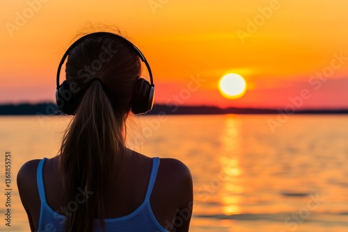 A girl wearing headphones to listen to music stands on a pier near a lake and gazes out at the sunset in an ASMR scene