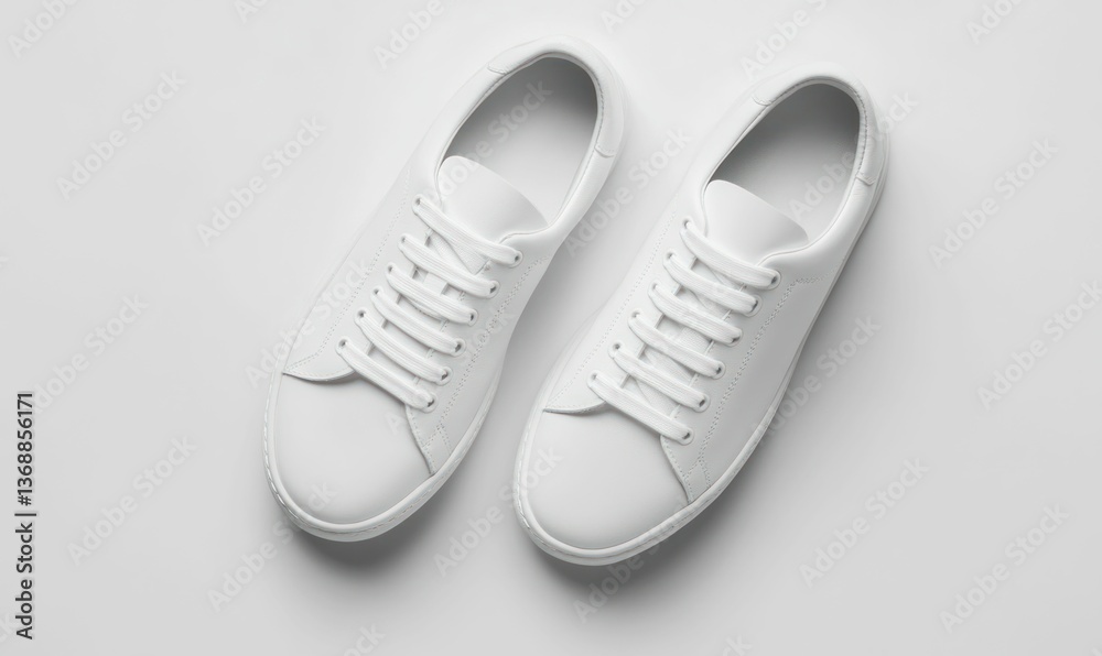 A crisp, clean shot showcases a pair of all-white sneakers on a bright, neutral background. A crisp, clean shot showcases a pair of all-white sneakers on a bright, neutral background.