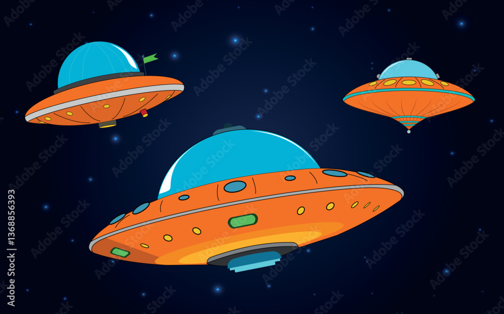 Naklejka premium UFO and flying plates in cosmos set. Collection of hand drawn spaceship of UFO flying in outer space isolated on transparent background. Illustration, vector cartoon.