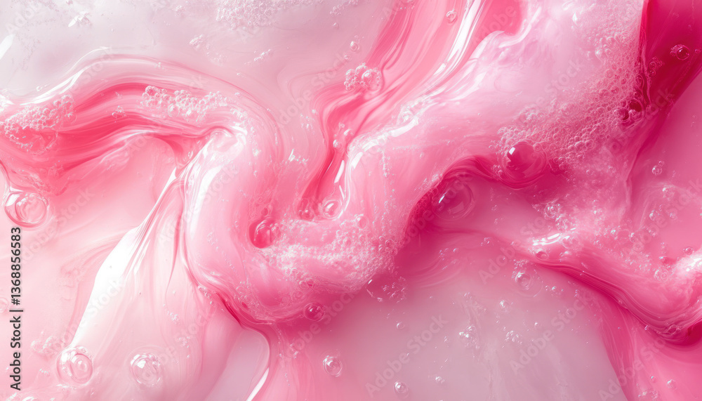 Obraz premium A mesmerizing swirl of pink bubble bath, shimmering with iridescent hues, creates a dreamy, frothy texture.