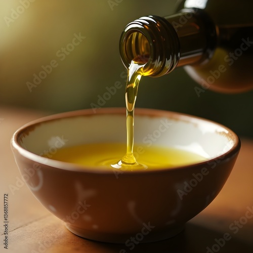 Slow-motion capture of extra virgin olive oil pouring into an artisan ceramic bowl