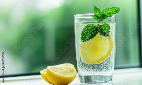 A cool glass of sparkling lemon water with fresh mint, a perfect thirst quencher for summer.