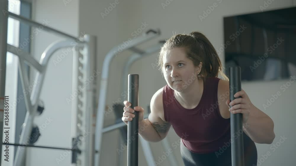 Female athlete pushes sled weight during a cross training session